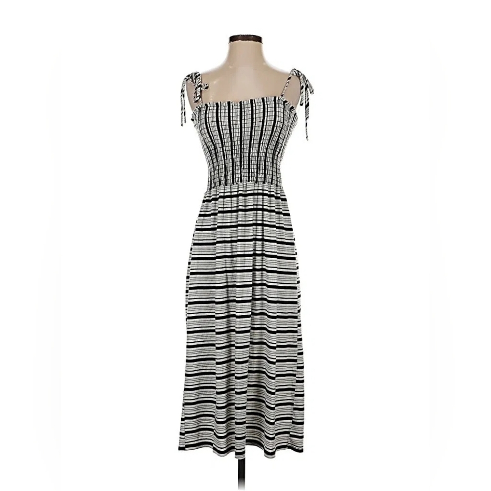 Caution To The Wind Women's Medium Striped Spaghetti Strap Smocked Bodice Dress